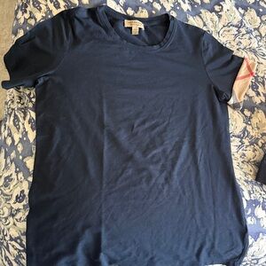 Burberry Navy Short Sleeve Crewneck Tee with Signature Sleeve Detail.